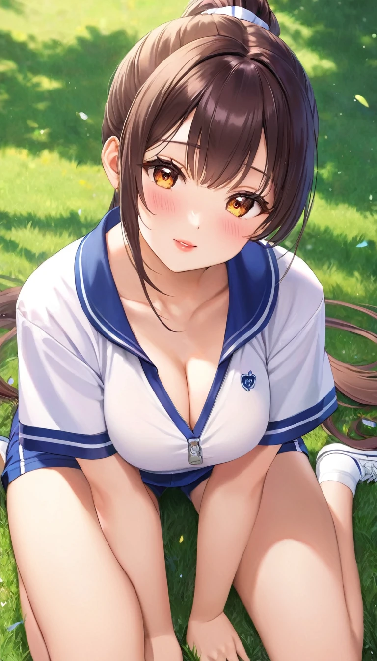 {{{{{16k,Ultra High-resolution realistic photograph of neat virgin first-year junior high school girl's in School-designated gym uniform with junior high ribbon as pretty as a actress in Grass schoolyard, She's in the first year of middle school, but she's too well developed, her tits are beautiful, Her bra is showing through under her gym clothes, Aura of being irresistible, but a virgin}}}}},{{Extremely detailed}},{{{{{dye her cheeks flush and integrated her head pure small, thick lips, Enchanting thick gross idol's Lips}}}}},{{{{{the bang ponytail hair}}}}},{{{{{She get more attractive and smoother her body, her expression and appearance are transformed into that of a pure, Her white tits are so fy, and are depicted in great detail, but her sex appeal from cleavage fills the rd, her bodyline and tits and hips are getting c and cuter, She has been reborn as a pretty one-in-a-thousand-year girl with a sparkling aura of cuteness}}}}}