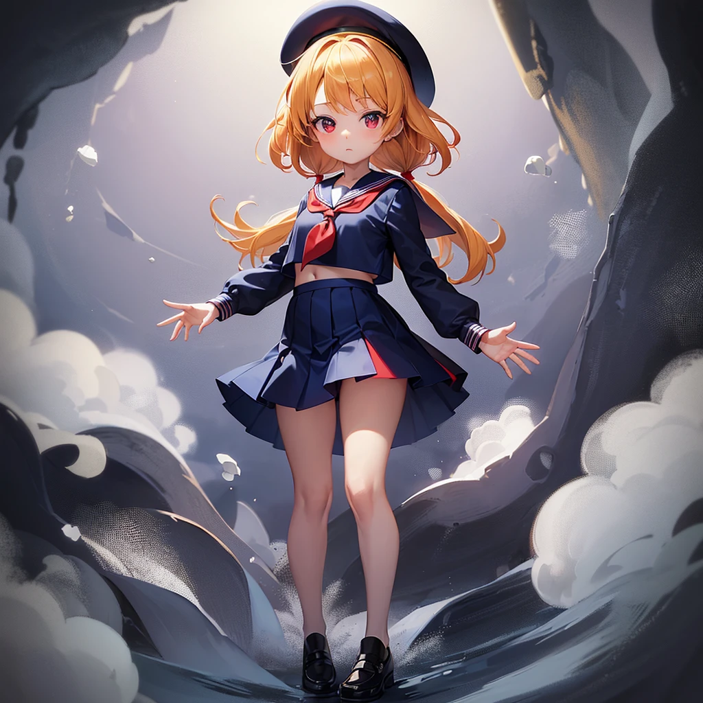 (Sailor suit),Big red ribbon,(((Navy Mini Skirt)))beret,,Cute little loli,Tiny Lori,Small girl,,Childish face, Very fine clean face,Top quality, Big eyes,Straight Hair,Yellow hair,Crimson Eye,(Dark Room), Subtle light, Natural light,Soft lighting,Light from directly behind, (Are standing), Cute pose, (Open your hands), Showing the whole body,Front view,Black background