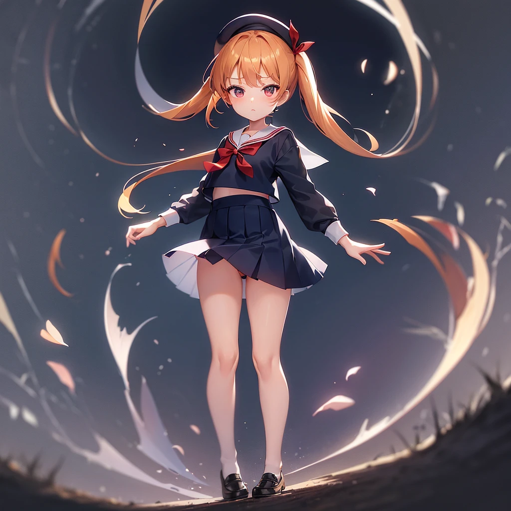 (Sailor suit),Big red ribbon,(((Navy Mini Skirt)))beret,,Cute little ,Tiny Lorill girl,,Childish, Very fine clean face,Top quality, Big eyes,Straight Hair,Yellow hair,Crimson Eye,(Dark Room), Subtle light, Natural light,Soft lighting,Light from directly behind, (Are standing), Cute pose, (Open your hands), Showing the whole body,Front view,Black background