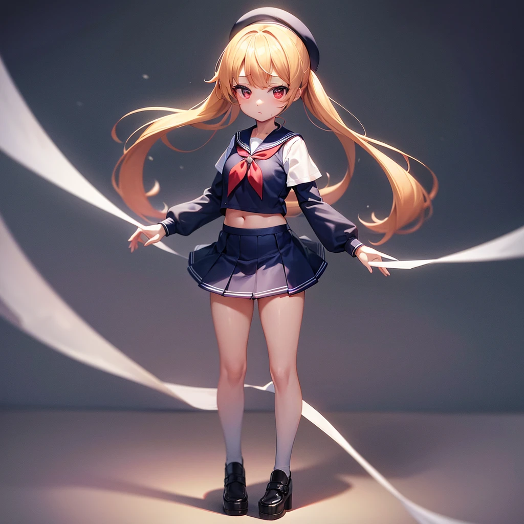 (Sailor suit),Big red ribbon,(((Navy Mini Skirt)))beret,,Cute little loli,Tiny Lori,Small girl,,Childish face, Very fine clean face,Top quality, Big eyes,Straight Hair,Yellow hair,Crimson Eye,(Dark Room), Subtle light, Natural light,Soft lighting,Light from directly behind, (Are standing), Cute pose, (Open your hands), Showing the whole body,Front view,Black background
