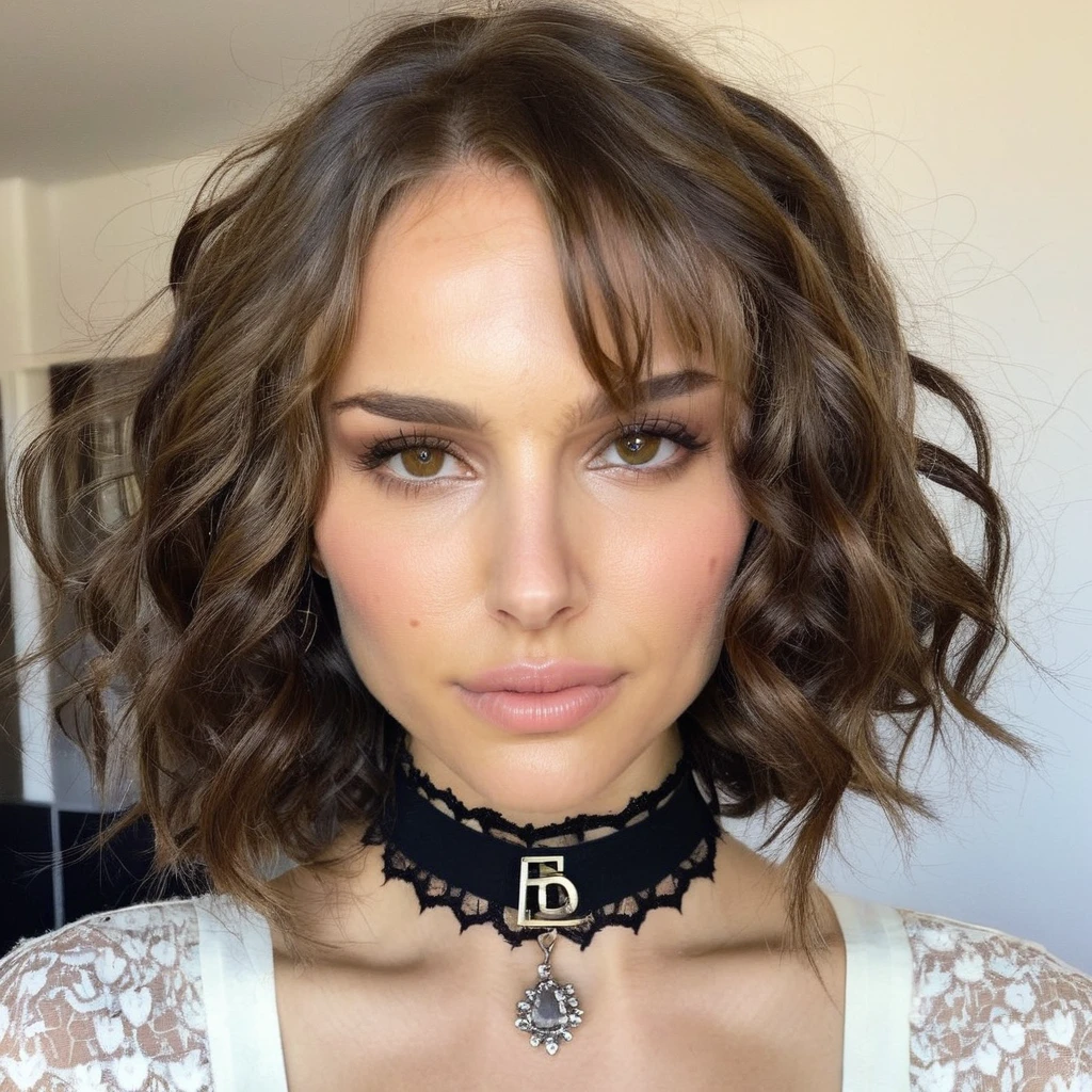 Soft natural diffuse lighting, Instagram selfie of a woman with beautiful wavy hair wearing a lacey dior choker around her neck,f/1.8,   natxportman,  