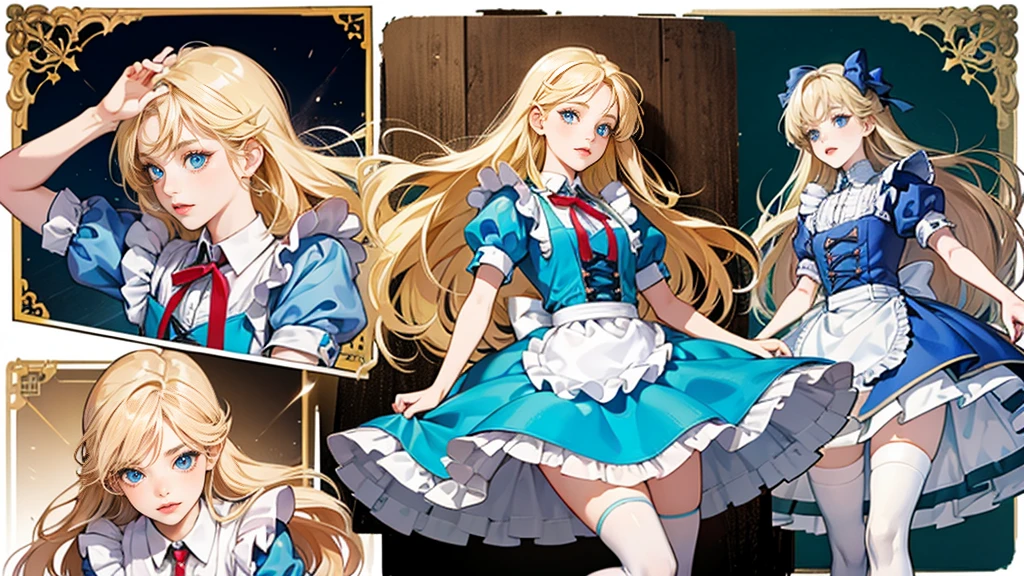 masterpiece, Highest quality, Portraiture, One Girl, (Alice in Wonderland:1.2), Blue clothes, White apron, Blonde, blue eyes, Usagi, Trump, Tea cup, White lace thigh high socks, Miniskirt lift, Dynamic pose,Electro Swing