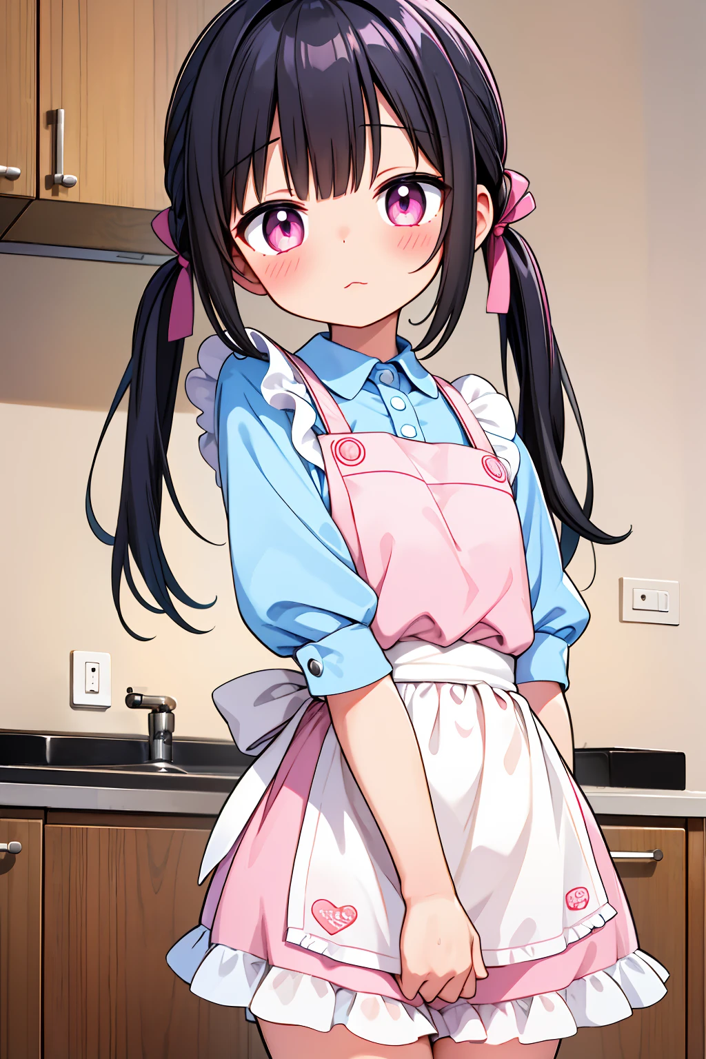 (8K, Highest image quality, highest quality, masterpiece), detailed face, ((loli)), ((girl)), (little loli curve), black hair, short twintails, pink eyes, (tiny breasts), (naked apron), cowboy shot, put your hand on your mouth, kitchen background, ((very blushing)), ((detailed hands and fingers)), viewer perspective from below, (blush)