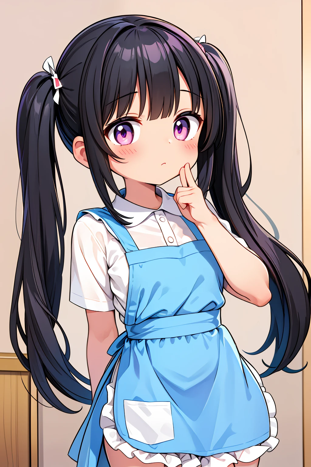 (8K, Highest image quality, highest quality, masterpiece), detailed face, ((loli)), ((girl)), (little loli curve), black hair, short twintails, pink eyes, (tiny breasts), (naked apron), cowboy shot, put your hand on your mouth, kitchen background, ((very blushing)), ((detailed hands and fingers)), viewer perspective from below, (blush)