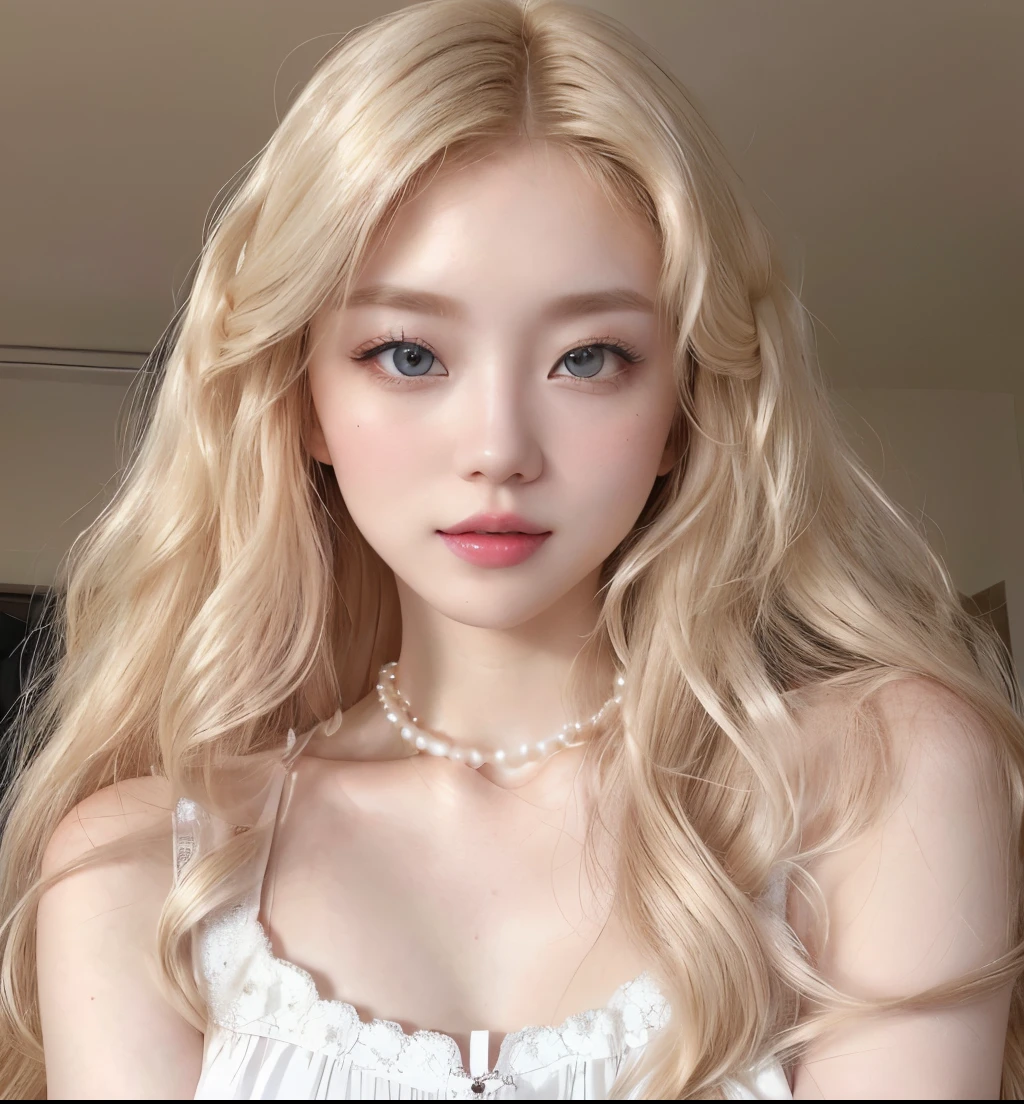 blond woman with long hair and a white dress posing for a picture, pale skin curly blond hair, slanted eyes, pink lips, ๐๐ฉฐ, Asian woman, small pearl necklace.