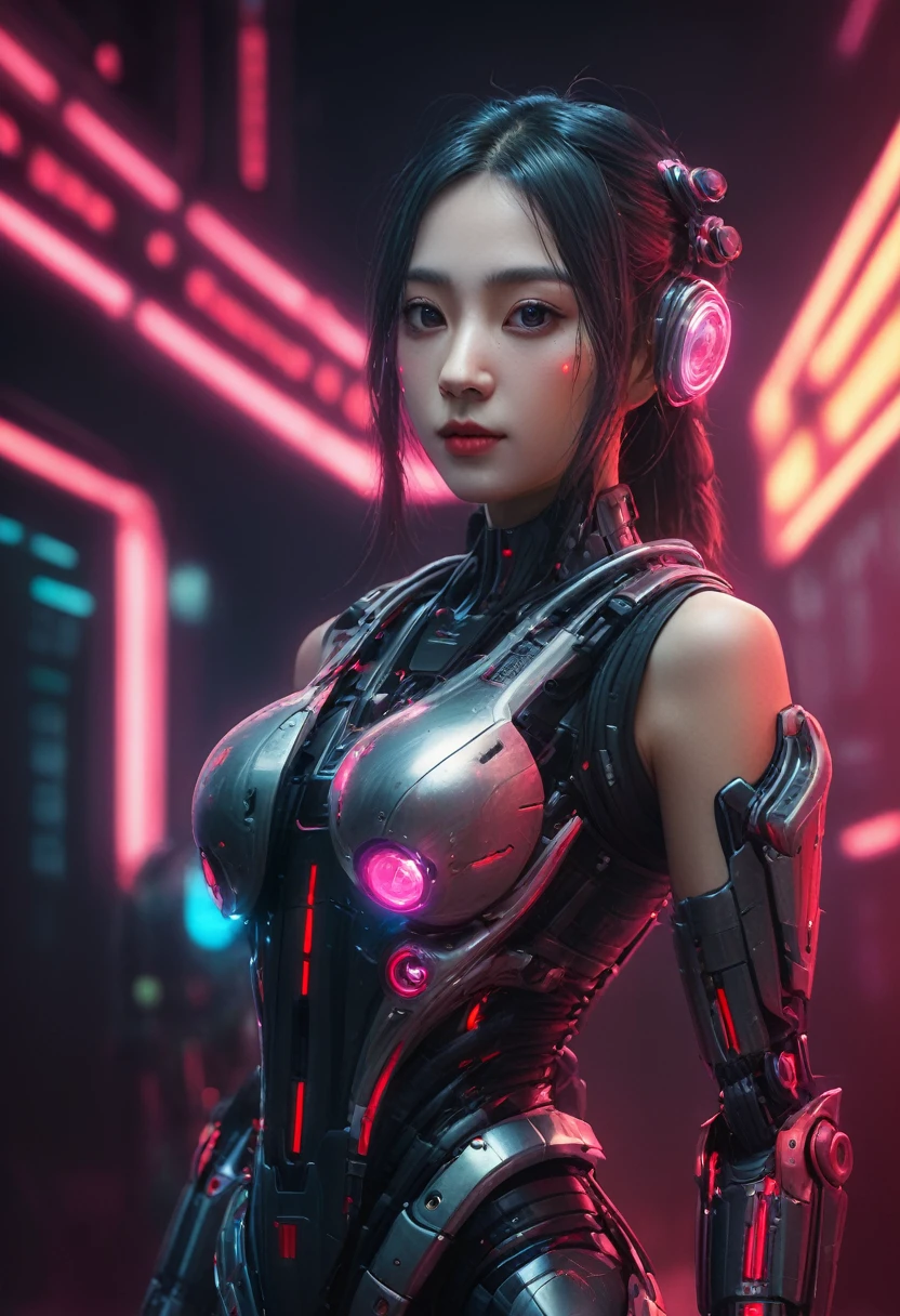 xxmixgirl. Highly detailed professional 35mm film, bokeh, face in sharp focus. A robotic female, Miku, with ((metal skin)), ((perfect Asian eyes)) with magenta irises and ((black pupils)), beautiful serious (detailed face), 18 year old ((photorealistic face)), very long magenta twin tails of magenta hair, twin black hair ties with a single red stripe. She may have a black audio headpiece. We can see her ((full body)) down to her boot soles. Her outfit is a sleeveless collared light grey shirt, outlined in red around the frilled collar and hems. Shiny reflective ((metallic breast cups, dimpleless)), invisible nipples. She wears black sleeves with red hems that start around her upper arm and bellow out as the sleeves open and extend to her wrists, with wide trumpet red rimmed cuffs. She has perfect robotic (detailed hands). She wears a red colored tie with two horizontal solid parallel black lines halfway across. She wears a fabric black skirt with a horizontal red hem at the bottom all the way around; her (((black skirt wraps around her))) and ((her skirt completely covers)) her robotic waist and thighs. Tall black boots with red bottom soles, a red rim around the top at her thighs. Her mechanical shoulder joints are visible. We can see her robotic legs and robotic neck. Half of her is covered with shiny polished machinery. The background is a distant dark neon futuristic Japanese city, gold, cyan, violet neon, near harbor or mountains.