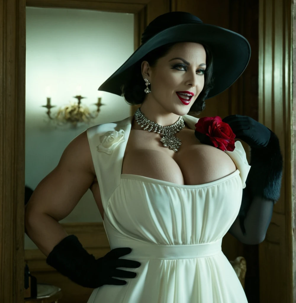 Debout ,marche sur des roses ,cinematic film still of Alcina Dimitrescu, Mrs. Dimitrescu, muscular, bodybuilding, Women, dramatic light, big chest, Dimitrescu, White skin, 青White skin, Red lips, Alcina Dimitrescu, Mrs. Dimitrescu, muscular, a Women in a black have ,nue , A girl, alone,, View viewer, SMILE, open the mouth,, black fur, have, dress, Chest cleavage, jewelry, flower, earrings, collar, white dress, mole, compensate, lipstick,,tétons yeux bleu 