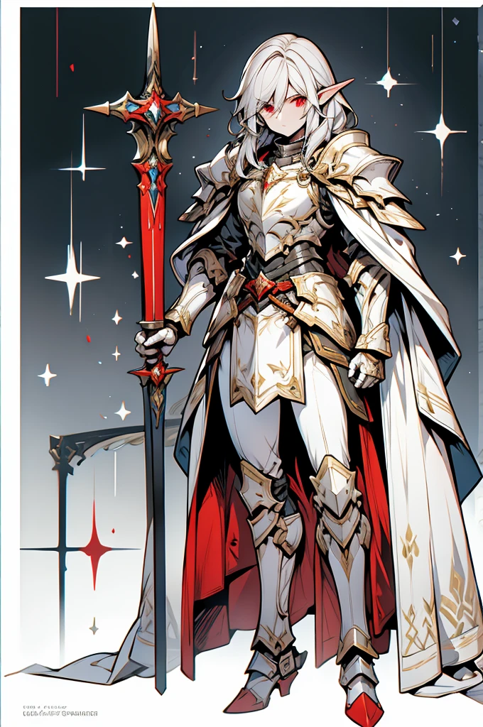 male half elf knight, full body art, silver hair, white skin, Red eye, knight full plate adorned armor, white cape, perfectly detailed.