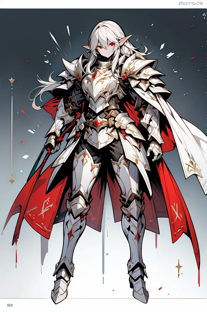 male half elf knight, full body art, silver hair, white skin, Red eye, knight full plate adorned armor, white cape, perfectly detailed.