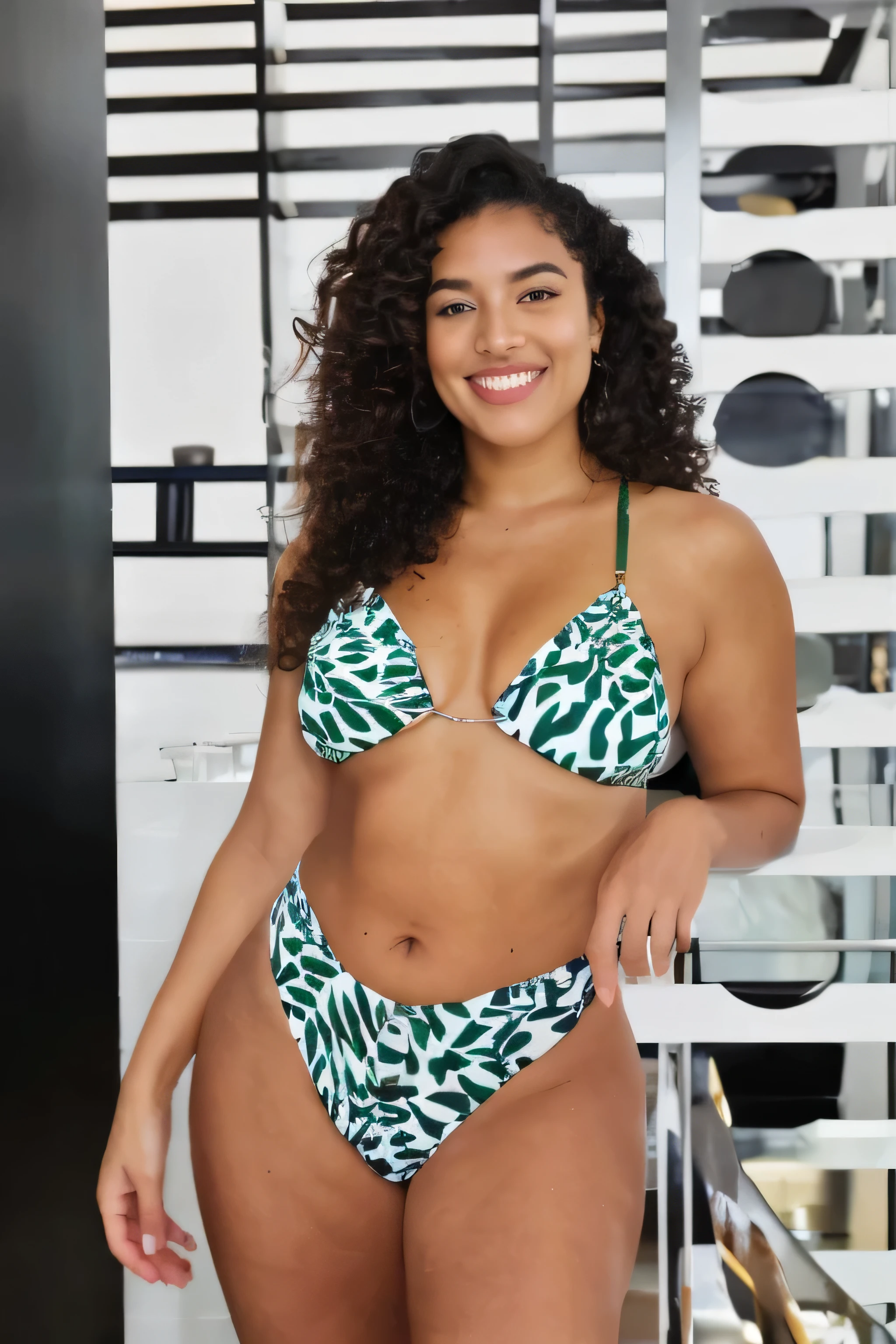 g Padrão SDXL Estúdio Img2Img (best quality,4k,8k,highres,masterpiece:1.2),ultra-detailed,(realistic,photorealistic,photo-realistic:1.37),intricate,exquisite,detailed portrait,1 women,afro curly hair,latina morena,25 years old,blue pajamas,full body,smiling,curvy figure,room interior 254/2000 Logotipo da Starbucks misturado com oreo e McDonald&