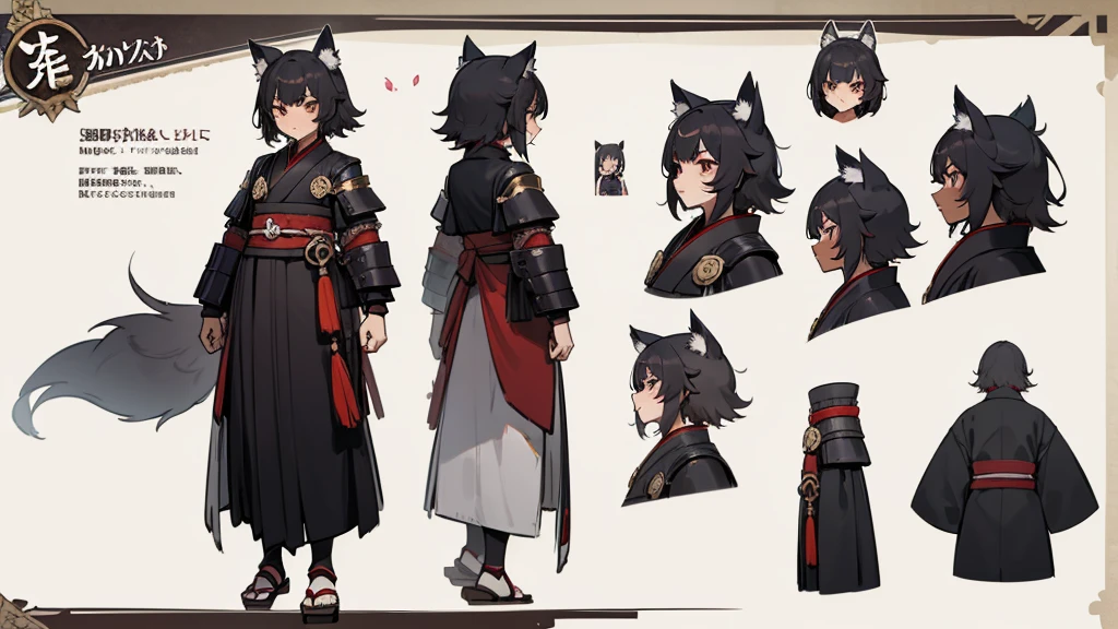 detailed, 1girl, ((character concept art)), ((character design sheet, same character, front, side, back)), dark skin, woman, black woman, masculine, brown eyes, black medium messy hair, black hair with grayish highlights side bang to left side of face covering eye halfway, shogun, warrior, black red kimono, armor chest piece, armor samurai shoulder pads, emotionless expression, wolf ears, wowolf tail scars on face, wearing geta footwear, long robes, Sakura petals,