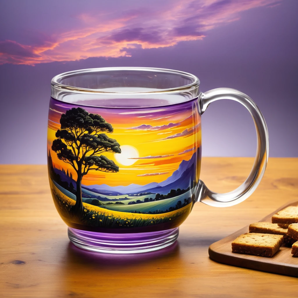 Create a detailed and vibrant image of a landscape contained within a glass mug. The scene inside the mug features rolling fields of bright yellow flowers, trees, and a winding path leading to a small house. Above the fields, a dramatic sunset with swirling red, orange, and purple clouds fills the sky. The scene inside the mug is splashing upward and out of the mug. The setting is in a kitchen, with the mug placed on a wooden table and kitchen items blurred in the background. The style should blend hyper-realism with surrealism, capturing the vivid colors and intricate details of both the landscape and the glass mug.