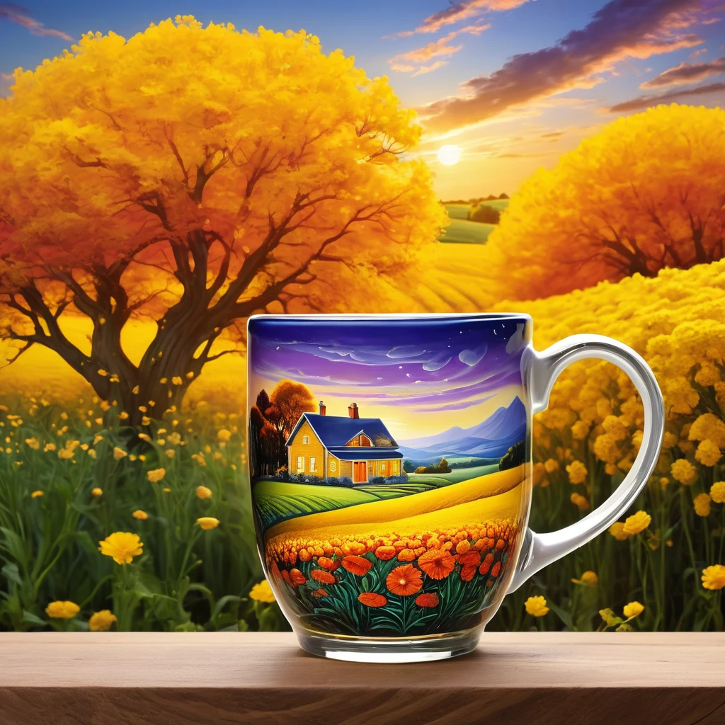 Create a detailed and vibrant image of a landscape contained within a glass mug. The scene inside the mug features rolling fields of bright yellow flowers, trees, and a winding path leading to a small house. Above the fields, a dramatic sunset with swirling red, orange, and purple clouds fills the sky. The scene inside the mug is splashing upward and out of the mug. The setting is in a kitchen, with the mug placed on a wooden table and kitchen items blurred in the background. The style should blend hyper-realism with surrealism, capturing the vivid colors and intricate details of both the landscape and the glass mug.