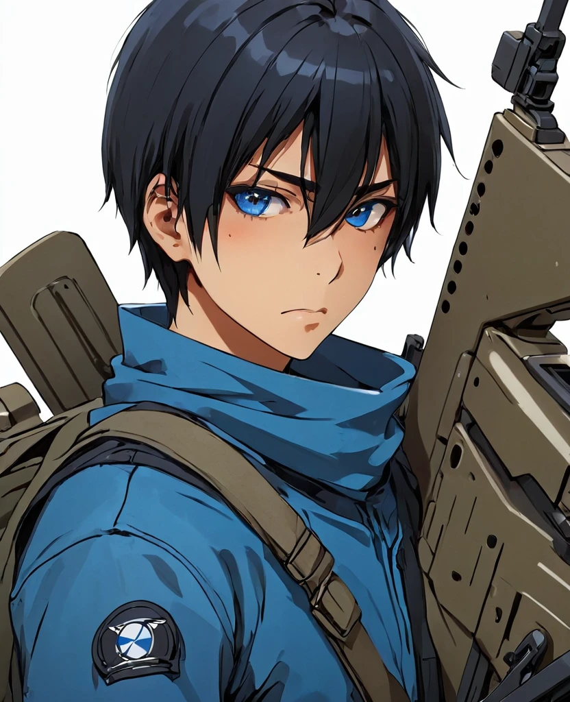 Create a detailed anime-style image of a male sniper with black hair, styled with a middle part. He is athletic with a slightly muscular build. He has a prominent scar running through one eye, while his other eye is a striking blue. He is dressed in tactical sniper attire