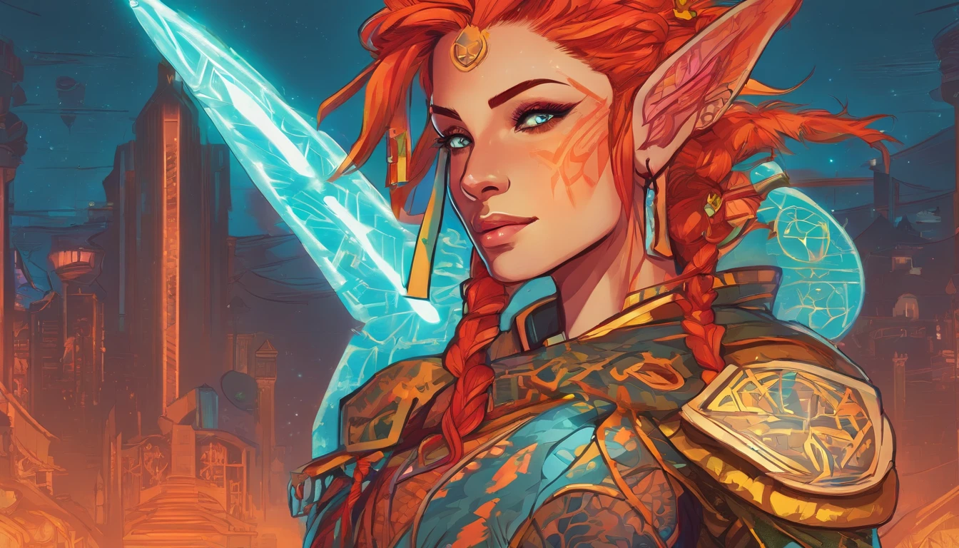 cyberpunk Battlecore barbarian woman with glowing opalescent third eye, elven runes featured highly tattooed on irises, glowing elvish, runes on cheeks, runes on chin, runes on ears, runes on forehead, orange humanoid cavatar with bioluminescent avatar markings, full body, feet barefoot, magical technological tribal clothing, dots and patterns on their skin.   Pointy elf ears.   Avatar like hair, red hair, gradient red eyes, slightly shimmering iridescent orange skin.   Warrior, magical and mystical, detailed and realistic.   Wide and deep scenery, dynamic scenery with a sense of movement, multiple planes of depth, magical light with warm tones, brilliant aura.   In the background, an epic view, with exuberant nature and an old technological city in the spotlight, with neon highlighting the buildings.