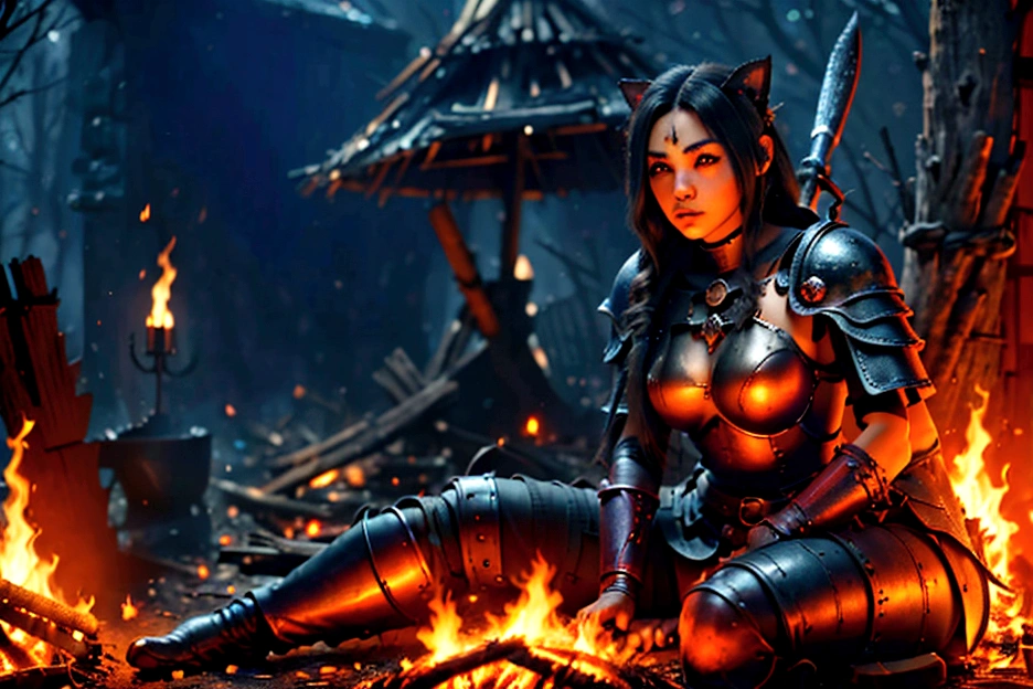 1 mujer junkotvv pelo largo negro con flequillo y con orejas de gato y ojos rojos a warrior resting in bonfire, high quality, masterpiece, dark theme, dark souls theme,  (fullbody sentada frente a un bonfire )