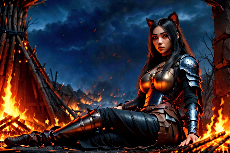1 mujer junkotvv pelo largo negro con flequillo y con orejas de gato y ojos rojos a warrior resting in bonfire, high quality, masterpiece, dark theme, dark souls theme,  (fullbody sentada frente a un bonfire )