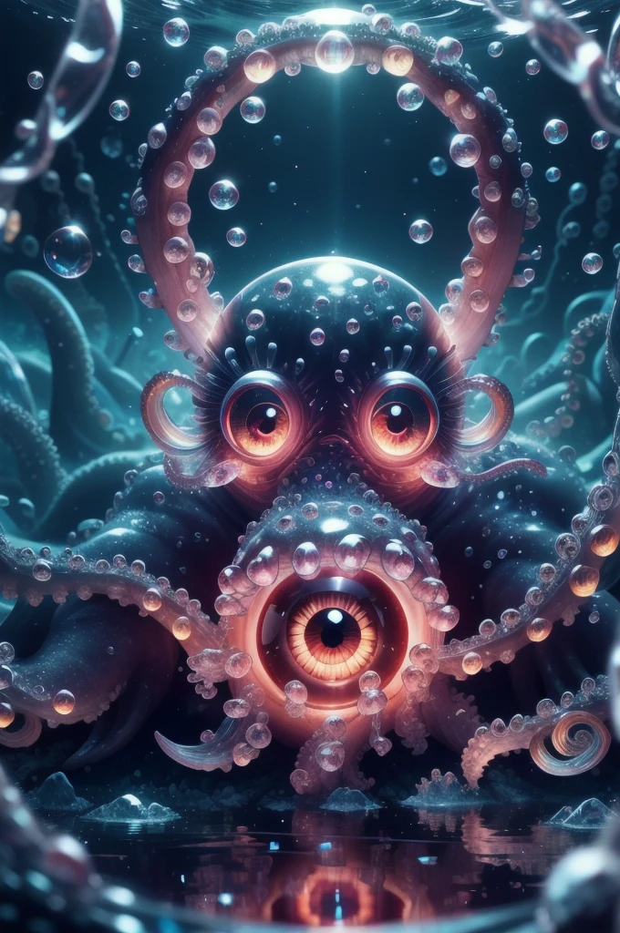 Eye focus,Tentacles,alone,Transparent glowing octopus,View your viewers,Variegated eyes,No humans,reflection,water,Extra Eyes,bubble,monster,Crystals,