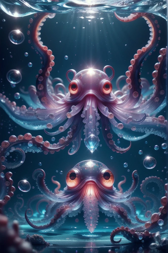 Eye focus,Tentacles,alone,Transparent glowing octopus,View your viewers,Variegated eyes,No humans,reflection,water,Extra Eyes,bubble,monster,Crystals,