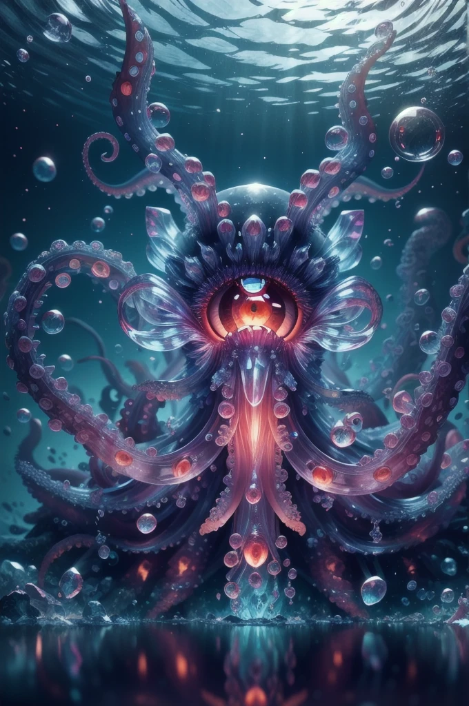 Eye focus,Tentacles,alone,Transparent glowing octopus,View your viewers,Variegated eyes,No humans,reflection,water,Extra Eyes,bubble,monster,Crystals,