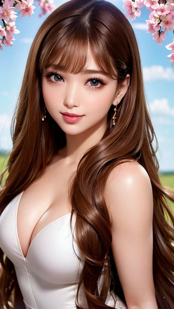 Beauty, Mystical Eyes、Big 、Super sexy、Pale skin、Shiny Hair、Super long hair、Loose and fluffy perm、Close to blonde、Are fat、fat、smile、Heavy makeup、Pink lipstick、Thick lipoisturized lips、Plump、Voluptuous、Indian、spring、Blue sky、White cloud、looking at the camera、Has bangs、Bangs fall on the forehead、Heavy makeup、Heavy makeup、The face is dark、Exotic Face

