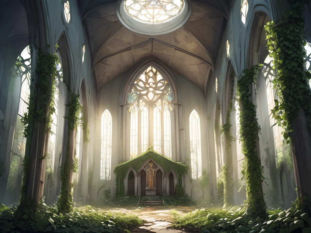 Abandoned church in the forest. Covered in ivy. Elvish motifs. Elegant and refined.