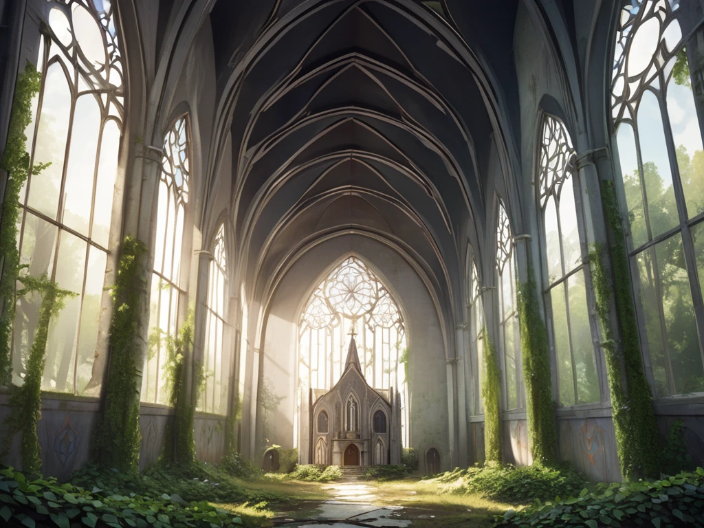Abandoned church in the forest. Covered in ivy. Elvish motifs. Elegant and refined.