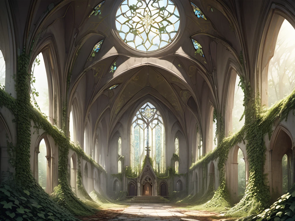 Abandoned church in the forest. Covered in ivy. Elvish motifs. Elegant and refined.