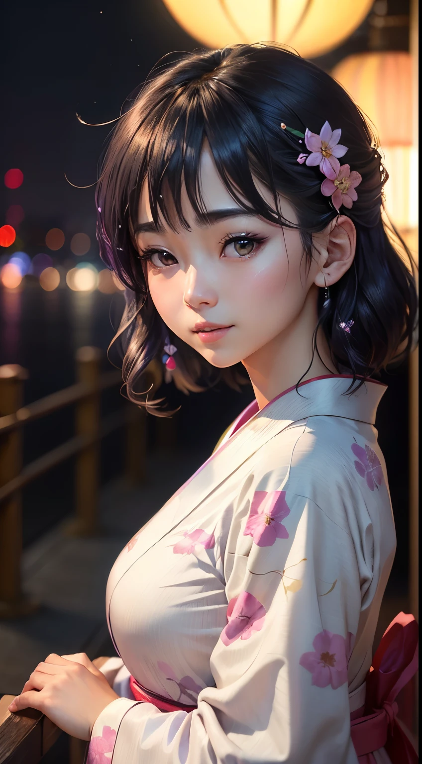 (logo、masterpiece、8K、Tabletop、RAW Photos、wonderful、最high quality、フォトリアリスティックでVery detailedな CG 複合 8K 壁紙、high quality、Very detailed、Narrative poem、Particle Effects、Dynamic Effects、Depth of the Boundary、Cinematic Light、Lens flare、Ray Tracing）、 (One beautiful woman wearing a yukata、White yukata、Light purple pattern)、Black-haired、High definition skin、Very fine、Fine skin texture、Beautiful Face、True Face、Beautiful details in the eyes、Realistic eyes、Beautifully detailed eyes、Realistic Skin、Beautiful Skin、Surreal、Smiling Eyes、Hair and light eyes、vivid、Colorful lights and bokeh、plump lower lip、Pink Lips、Hair flutters in Wind、Hair bounces、wonderful景色、night、evening、Wind、moonlight、moonlight、light