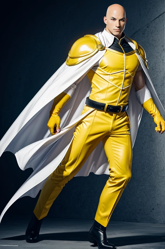 A bald anime character that has a white cape and a yellow suit with black boots and also has red gloves and also has white shoulder pads and also with a belt