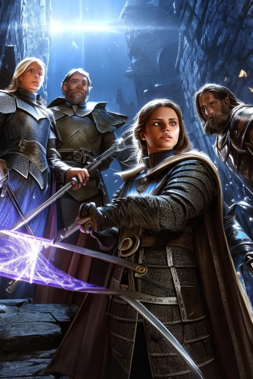 a knight, a ranger, a cleric, and a wizard exploring through a dark dungeon, faces detailed, good faces, perfect faces