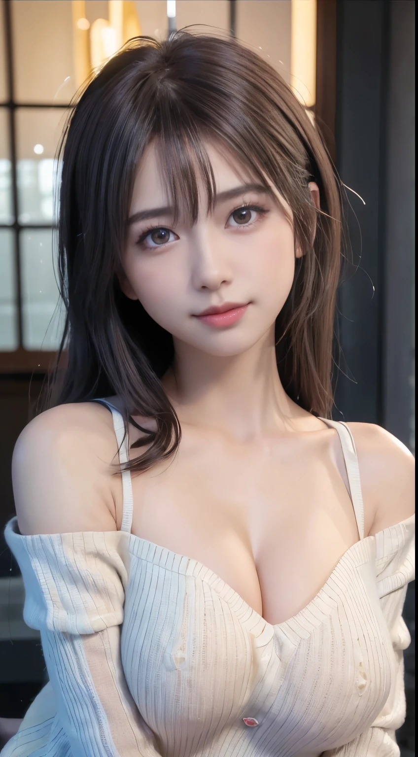 (logo, masterpiece, 8K, Tabletop, RAW Photos, wonderful, 最high quality, Photorealistic and very detailed CG composite 8k wallpaper, high quality, Very detailed, Narrative poem, Particle Effects, Dynamic Effects, Depth of the Boundary, Cinematic Light, Lens flare, Ray Tracing), short hair beautiful young woman, Hair tied back, high detail skin, very fine, fine skin texture, beautiful face, realistic eyes, beautifully detailed eyes, realistic skin, beautiful skin, surreal, smiling eyes, Hair and light eyes, Vibrant, Colorful lights and bokeh. The lighting casts a warm glow on her face and hair, Blue glow, Water surface reflection, Creates a dreamy and magical atmosphere, Big Breasts, Brown Hair, short hair, plump lower lip, pink blush on the cheeks , pink lips, brown tight no-shoulder knit sweater