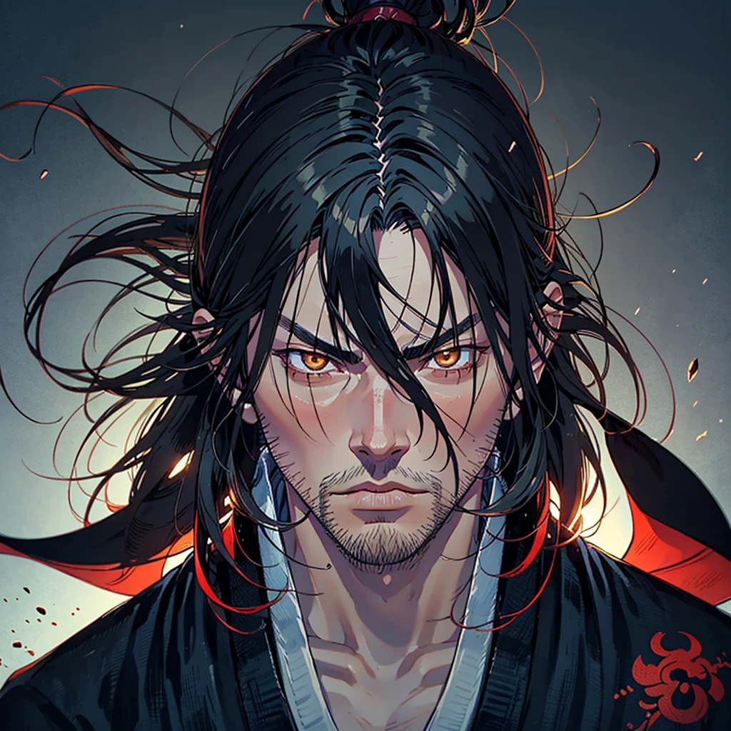 a close up of a perso, evil male sorcerer, portrait of samurai, dark cloaked necromancer, musashi miyamoto, standing, fighting stance, looking at the viewer, front camera, eye level, handsome, beard, long hair, angry expression, face, face slightly tilt down, slightly tilt downward 