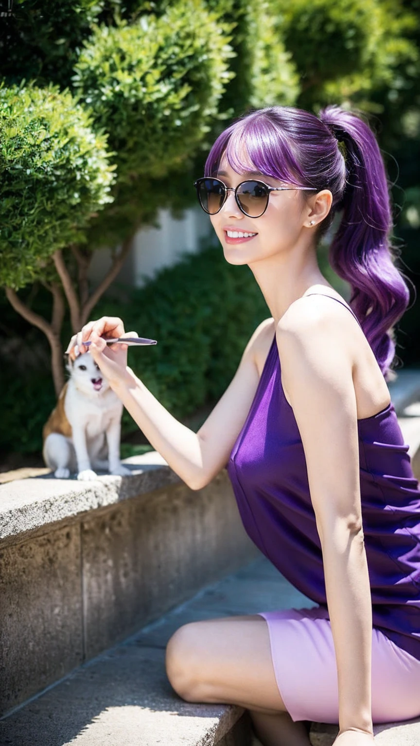 One Girl, Purple eyes, alone, sunglasses,(( Purple Hair)), Wear glasses on your head, View your audience, smile, 耳Nipple Ring, gem, Turn back, With bangs, Close the top of the mouth, Star Kafka,, Shiny, Glowing Skin, Mature Woman,Kitagawa Uyudo house style, Young woman anime visual,Focus on the face: Delicate and beautiful face, High Ponytail,city,Outdoor,stand up,Long legs,Mature Woman,Busty Wife,Married women,Mature Woman,office lady,(masterpiece), (Highest quality), (Very detailed),(Disheveled Hair),Huge ,Stiletto heels,slender and tall,Exquisite detail,Paws are delicate
