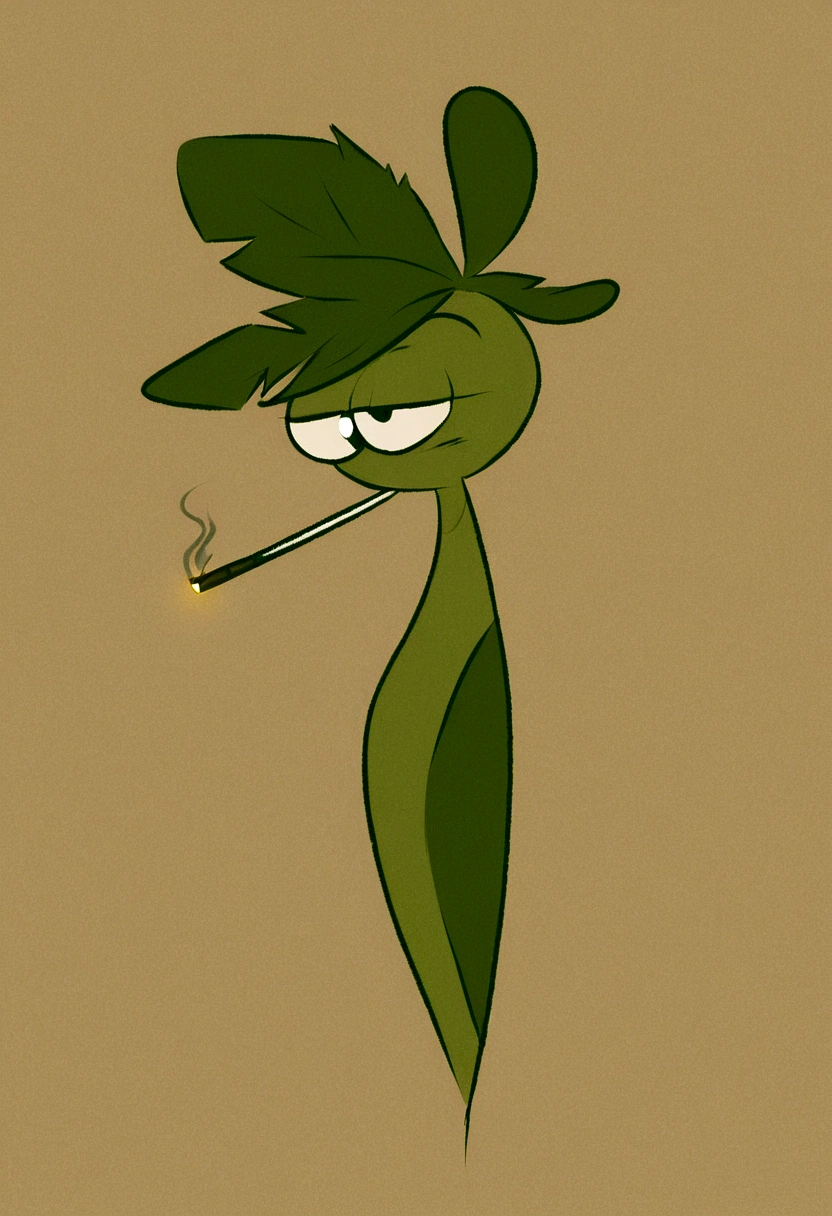 
Create a surreal and humorous image of an anthropomorphic marijuana leaf smoking a person. The marijuana leaf should have a face with a mischievous expression and squinting eyes. In one of your "hands", the marijuana leaf should hold a small person, like a cigarette. The person should have an expression of surprise or confusion. The background must be psychedelic, with vibrant colors, abstract patterns and elements like spirals and stars, to give a playful and surreal touch to the scene.