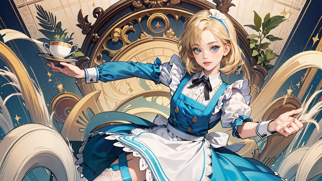masterpiece, Highest quality, Portraiture, One Girl, (Alice in Wonderland:1.2), Blue clothes, White apron, Blonde, blue eyes, Usagi, Trump, Tea cup, White lace thigh high socks, Miniskirt lift, Dynamic pose,Electro Swing