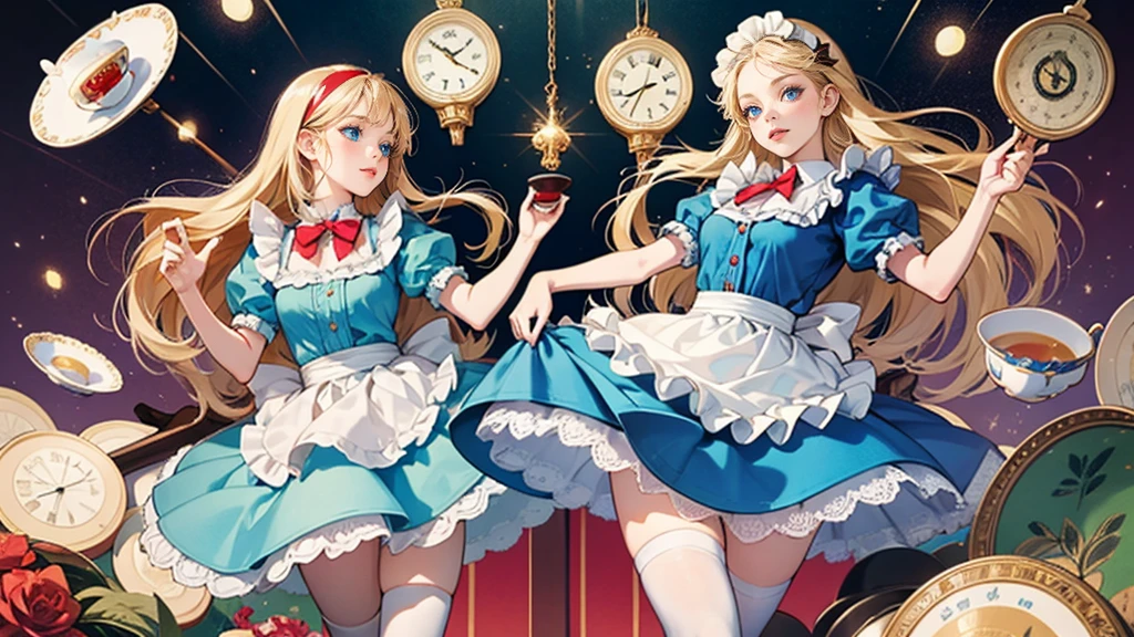 masterpiece, Highest quality, Portraiture, One Girl, (Alice in Wonderland:1.2), Blue clothes, White apron, Blonde, blue eyes, Usagi, Trump, Tea cup, White lace thigh high socks, Miniskirt lift, Dynamic pose,Electro Swing