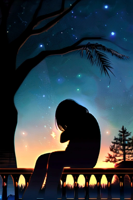 night with a sky full of stars,windy, a large old tree, with a mystical atmosphere, a silhouette of a couple sitting on a bench under the tree,hugging each other