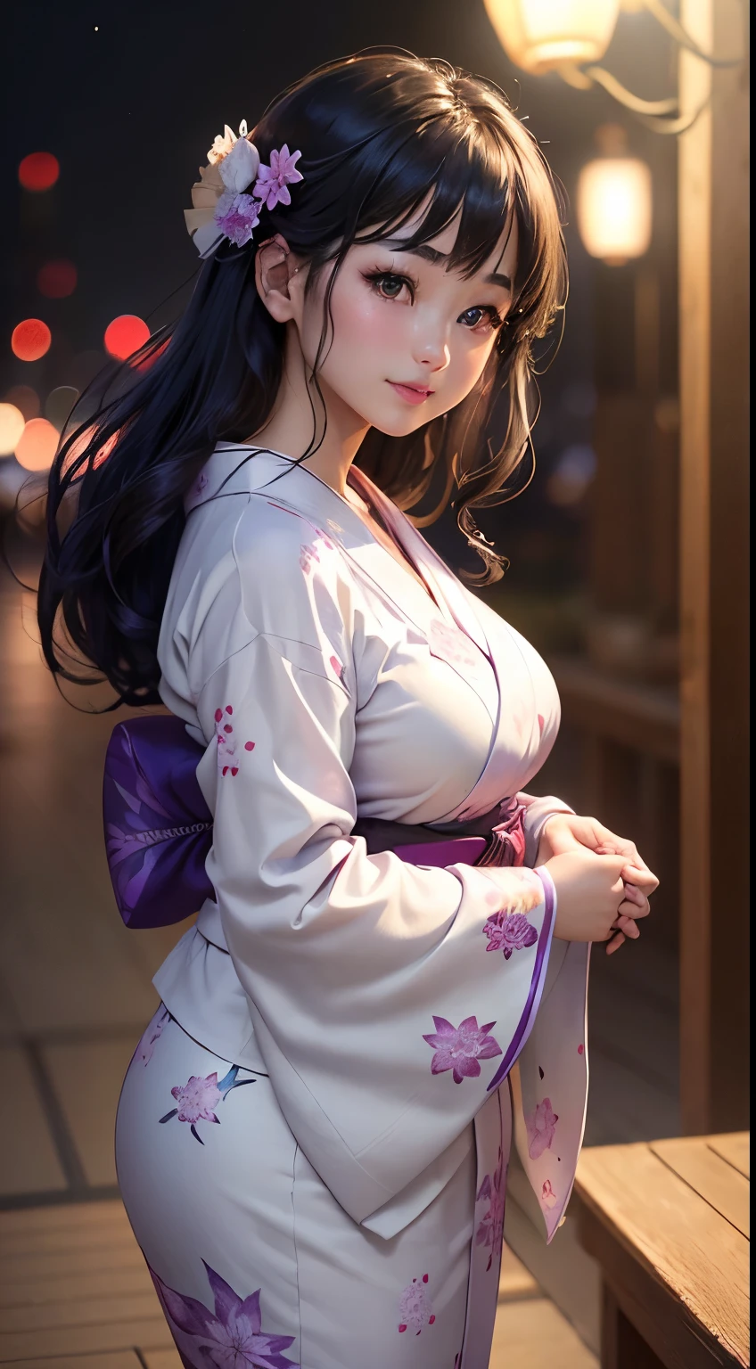 (logo、masterpiece、8K、Tabletop、RAW Photos、wonderful、最high quality、フォトリアリスティックでVery detailedな CG 複合 8K 壁紙、high quality、Very detailed、Narrative poem、Particle Effects、Dynamic Effects、Depth of the Boundary、Cinematic Light、Lens flare、Ray Tracing)、 (One beautiful woman wearing a yukata、White yukata、Light purple pattern)、Black-haired、High definition skin、Very fine、Fine skin texture、Beautiful Face、True Face、Beautiful details in the eyes、Realistic eyes、Beautifully detailed eyes、Realistic Skin、Beautiful Skin、Surreal、Smiling Eyes、Hair and light eyes、vivid、Colorful lights and bokeh、plump lower lip、Pink Lips、Hair flutters in Wind、Hair bounces、wonderful景色、night、evening、Wind、moonlight、moonlight、light