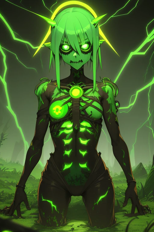 Undead skeletal zombie with open chest with a fungus inside Neon green with sprouts and roots covering the body Neon green eyes Destroyed ranger clothing Dirty arms covered by roots and legs with blisters covering his body Background of a radioactive swamp blood toxic neon green look at us facing the viewer