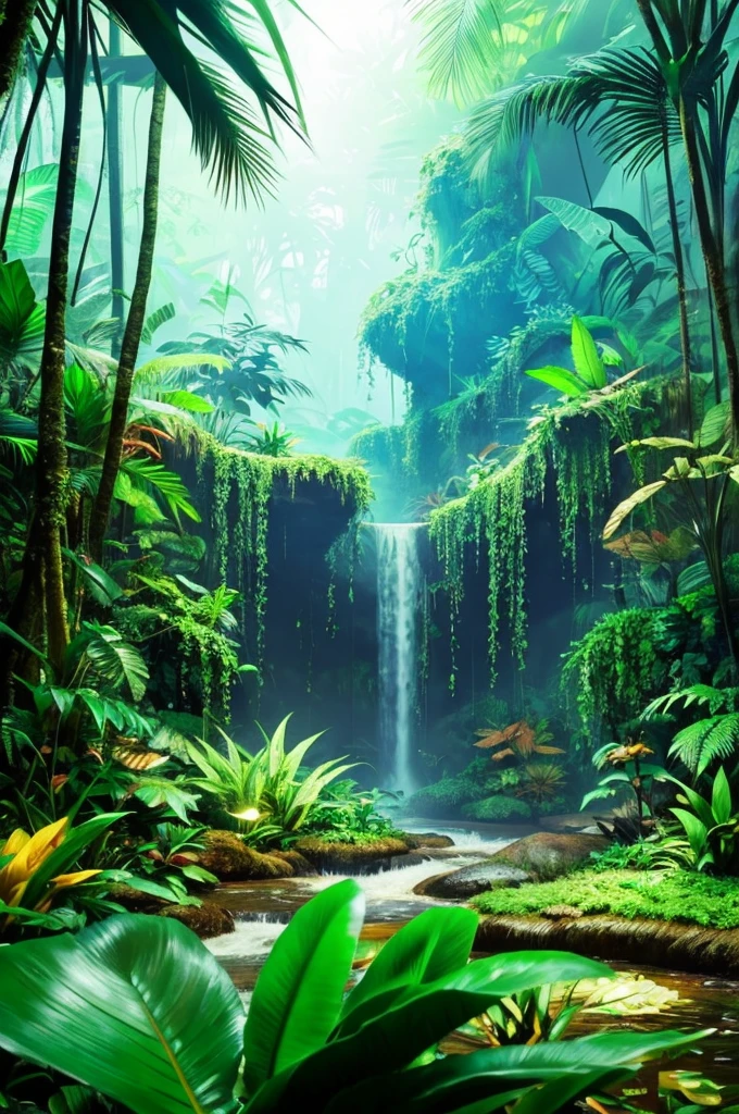 an image of a jungle scene with a stream and trees, Jungle scape, bela Jungle scape, Jungle as a backdrop, background jungle, beautiful jungle, fantasy jungle, jungle background, Green jungle background, fundo da tropical rainforest, dense jungle, jungle nature, tropic jungle, green jungle, tropical rainforest, deep forest in the background, the background is lush jungle, forst, mysterious jungle painting