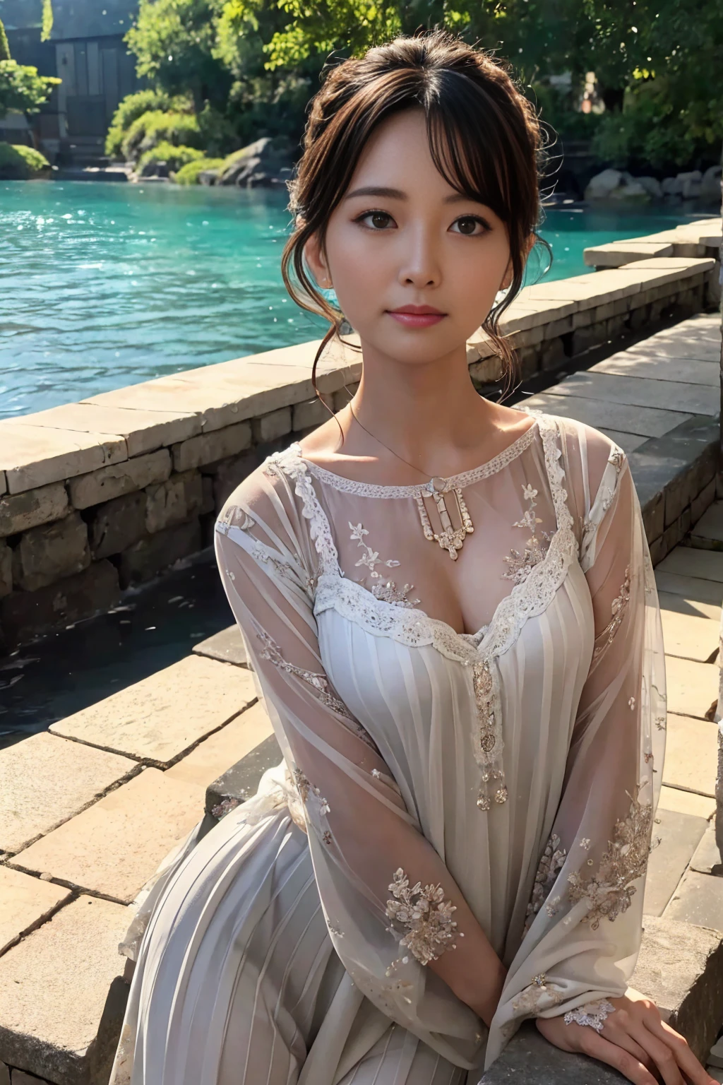 ((masterpiece)), ((Highest quality)), (Very detailed), Confused, Very detailed CG Unity 8k 壁紙, Official Art, Accurately depict shapes, Beautiful Face, Expressive eyes, Looking at the audience, alone, close, scenery, Captivating smile, 1 Girl, (Mature Woman, older), Mature Woman, Maternal, Wide Hips, bent, clavicle, lips, High resolution、pajamas
