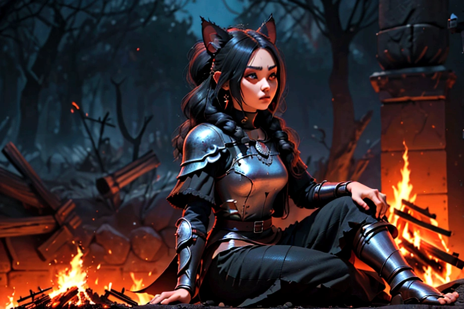 1 mujer junkotvv pelo largo negro con flequillo y con orejas de gato y ojos rojos a warrior resting in bonfire, high quality, masterpiece, dark theme, dark souls theme, (fullbody sentada frente a un bonfire )