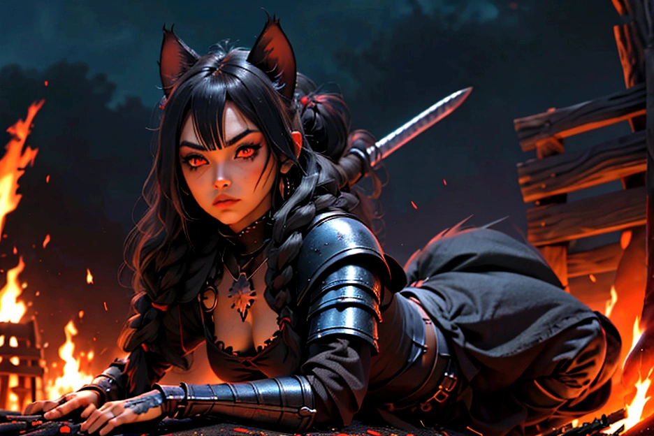 1 mujer junkotvv pelo largo negro con flequillo y con orejas de gato y ojos rojos a warrior resting in bonfire, high quality, masterpiece, dark theme, dark souls theme,  (fullbody sentada frente a un bonfire )