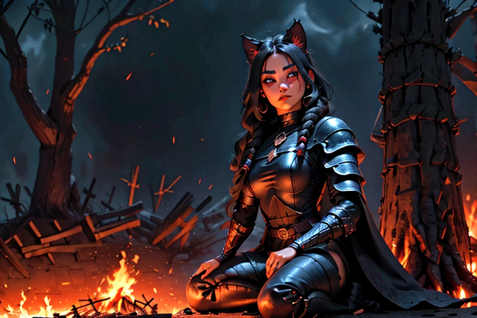 1 mujer junkotvv pelo largo negro con flequillo y con orejas de gato y ojos rojos a warrior resting in bonfire, high quality, masterpiece, dark theme, dark souls theme, (fullbody sentada frente a un bonfire )