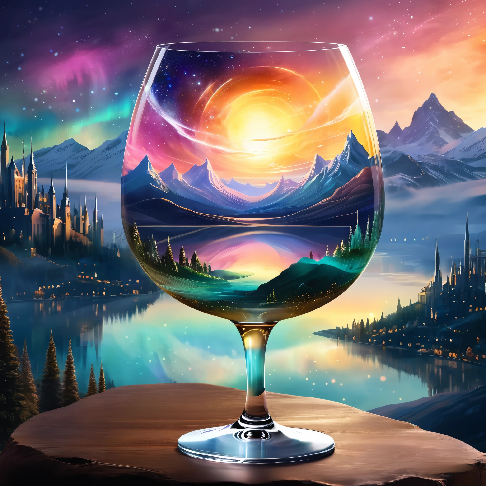 Create a celestial scene within a wine glass, featuring a surreal landscape with mountains and an aurora sky. The background includes a glowing sunset and cityscape. The style should be fantasy with ethereal elements.