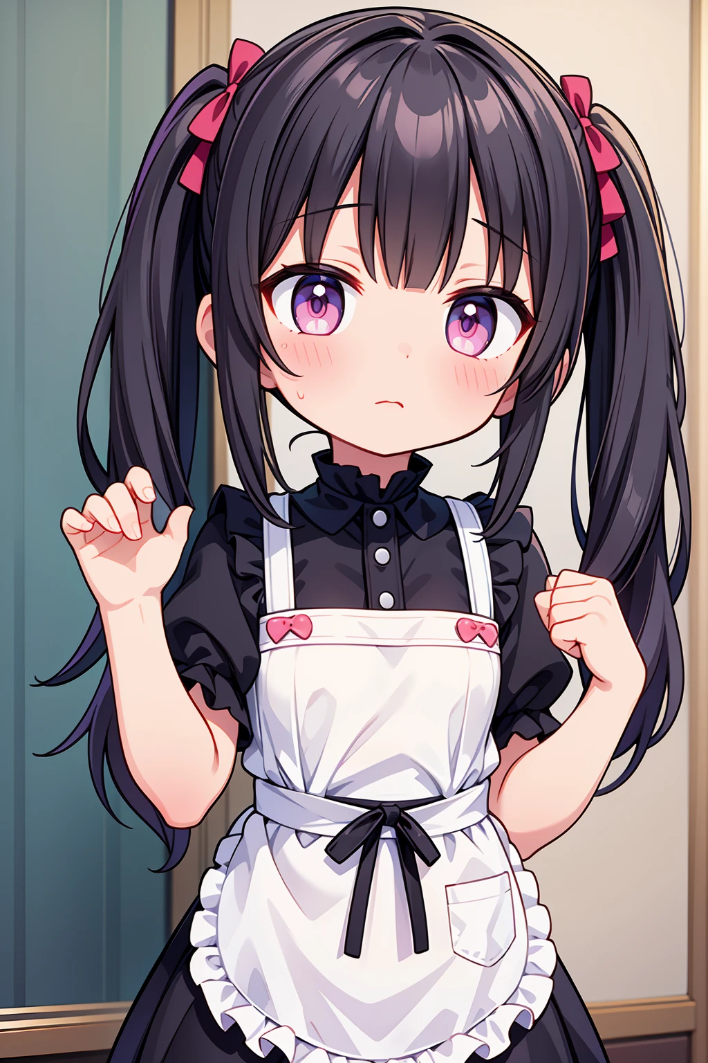 (8K, Highest image quality, highest quality, masterpiece), detailed face, ((loli)), ((girl)), (little loli curve), black hair, short twintails, pink eyes, (very small bust), flat bust,(naked apron), cowboy shot, put your hand on your mouth, kitchen background, ((very blushing)), ((detailed hands and fingers)), viewer perspective from below, (blush)
