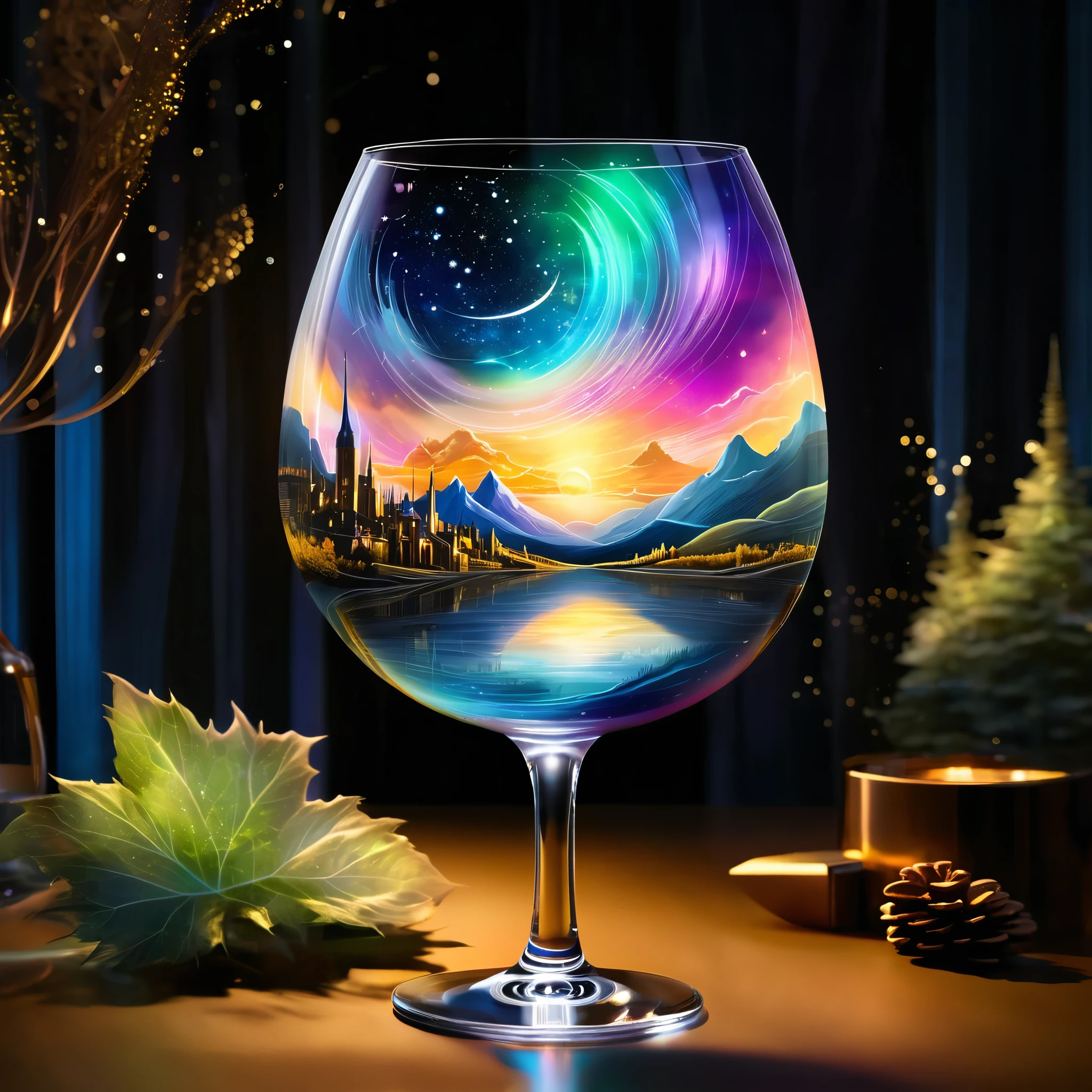 Create a celestial scene within a wine glass, featuring a surreal landscape with mountains and an aurora sky. The background includes a glowing sunset and cityscape. The style should be fantasy with ethereal elements.