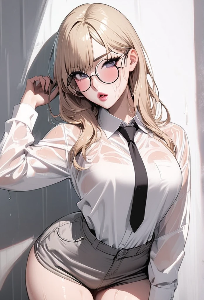 1 girl, solo, light blonde hair, black eyes, white shirt, pastel colors, big breast, lipgloss, big round glasses, korean, straight bangs, pink cheeks, sexy, professional, smart, black tie, elegant, hot