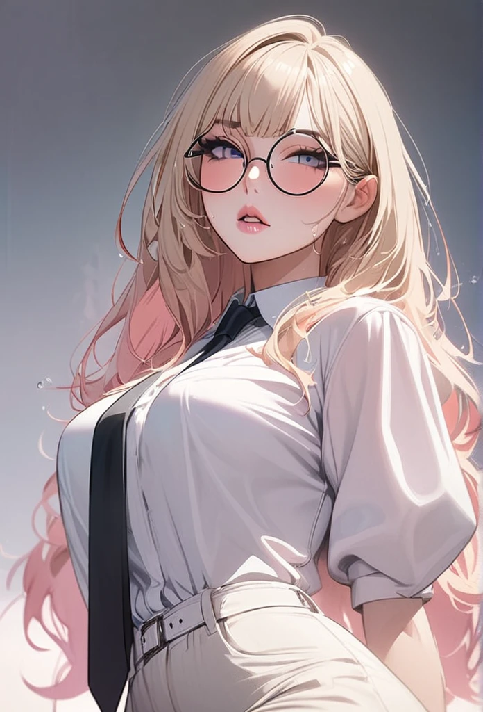 1 girl, standing alone, light blonde hair, eyes black, white  shirt, pastel colours, large breasted, Lip gloss, big round glasses, korean, bangs straight, rosy cheeks, sensuous, proffesional, smart, black necktie, chic, Panas, muted, Cum, sultry posing, sensual lips, sultry eyes, wet and transparent shirt 